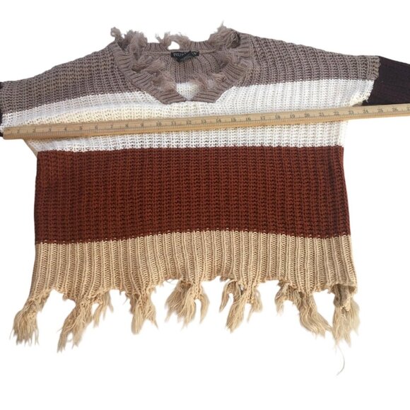 Destructed Sweater Womens  Medium Fringe Chunky Knit Striped Colorblock V-Neck - Picture 11 of 13